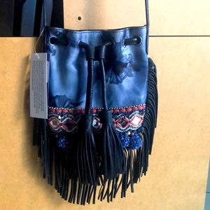 Rebecca MINKOFF Blue Tie Dye Leather crossbody with Fringe and Pom NWT